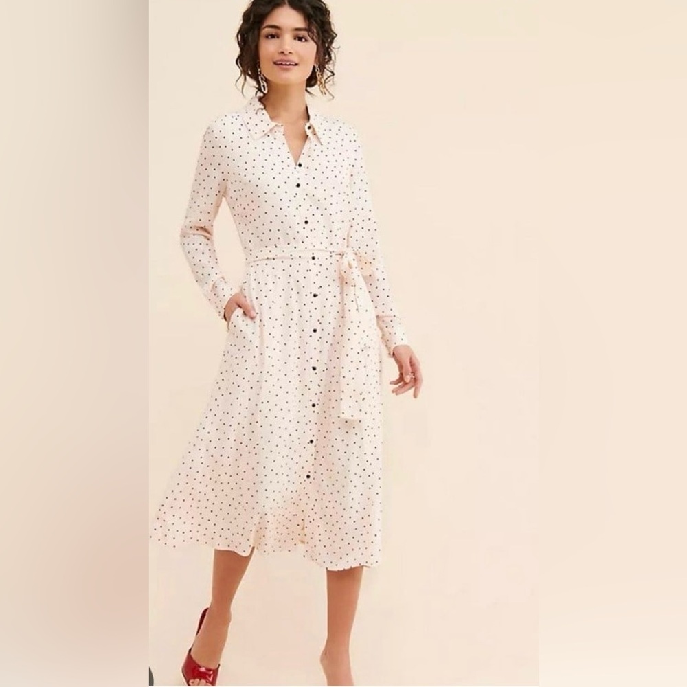 Anthropologie Soft Pink Shirt Dress with Black Polka Dots